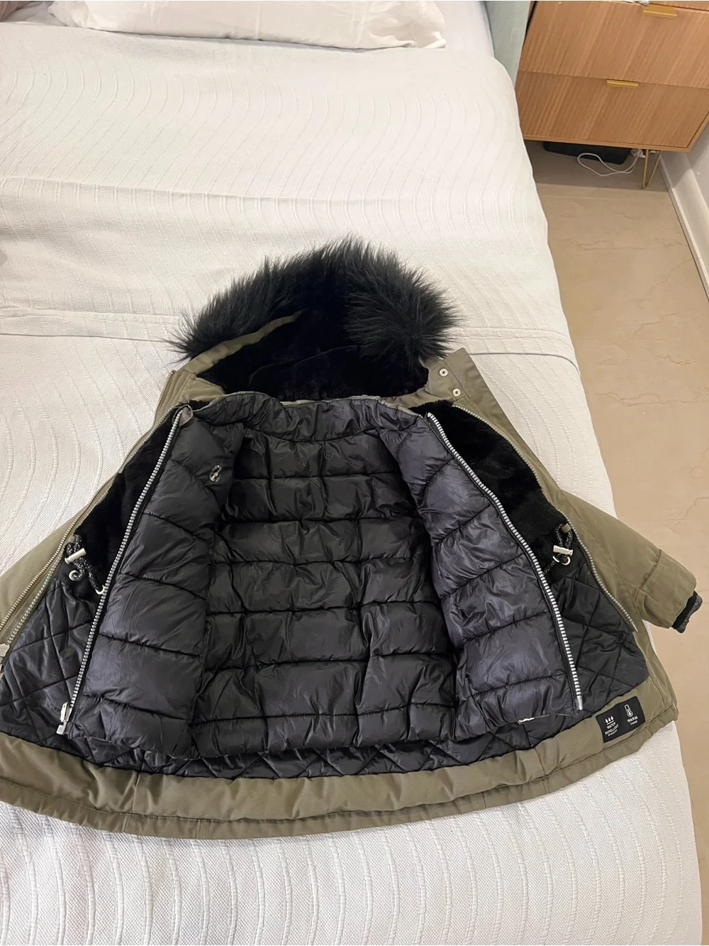 Olive Green Hooded Parka Jacket with Faux Fur Trim